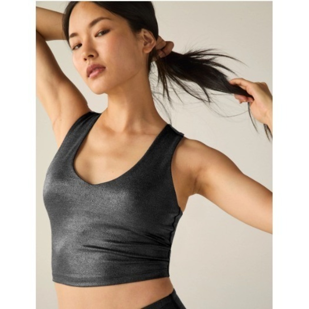 Beyond Yoga Glow On Cropped Tank Womens XL Solid Black Foil Style HI4711 Athlete